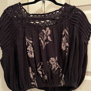 Free People Black Floral Crochet Blouse